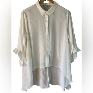 Favlux Blouse Chiffon High Low 3/4 Sleeve Flowy Button Up White Women Sz Medium